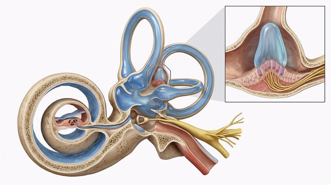 Detailed anatomical illustration of the human inner ear showing the cochlea, semicircular canals, vestibule, and auditory nerve structures