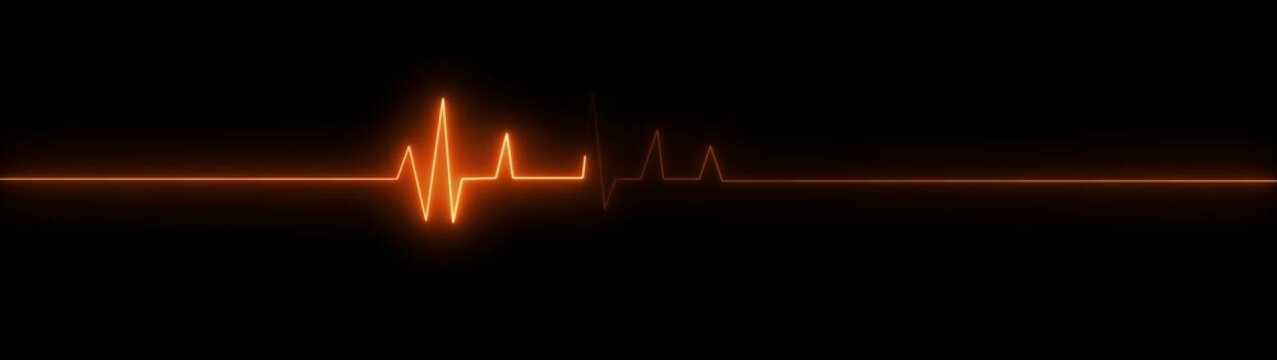 Neon orange electrocardiogram line on black background with flatline heart rate pulse