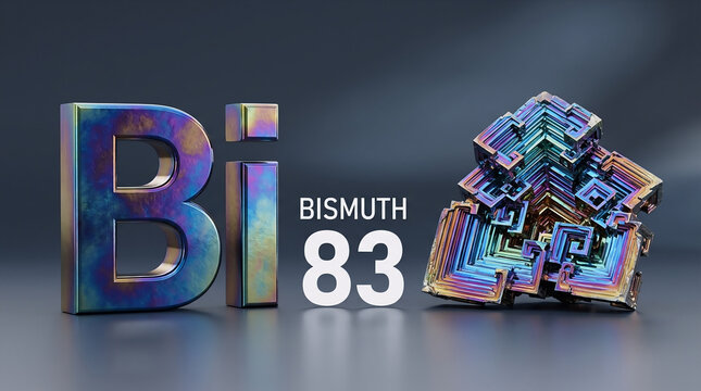 Bismuth crystal with atomic number 83 displayed beside a metallic 3D symbol, highlighting chemistry, science, and mineral beauty