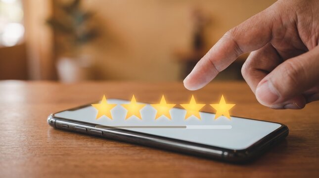 Hand giving five star rating on smartphone screen, customer satisfaction, online feedback review system, digital service quality evaluation, positive user experience and mobile