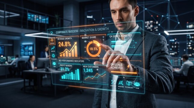 Futuristic businessman interacting with transparent digital dashboard showing revenue growth and KPI metrics, corporate success innovation strategy, advanced data visualization