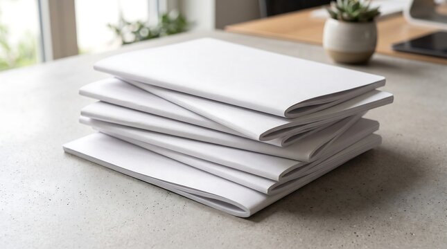 Stack of blank white paper booklets and sheet brochures on a modern office desk surface for print mockup design