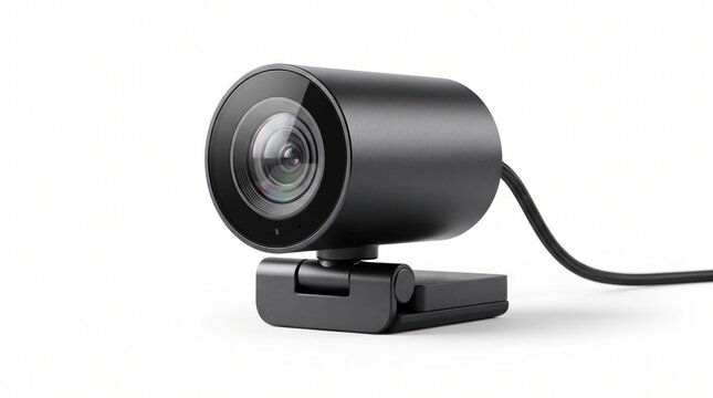 Modern black webcam with adjustable stand, high definition computer camera for video calls, professional streaming hardware on white background