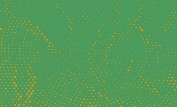 Halftone dot field in olive and neon green forming fluid waves for digital design.
