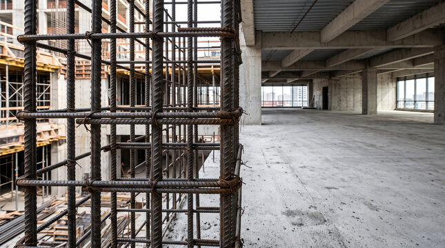 Empty concrete construction site with vertical steel reinforcement bars ready for pouring foundation work