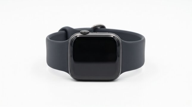 Modern black smartwatch with silicone strap, digital wrist watch on white background, sleek wearable technology for fitness tracking