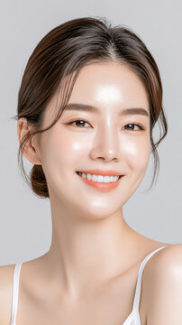 Close up beauty portrait of charming young Korean woman with dimples smiling warmly showing smooth glass skin and natural makeup on light background