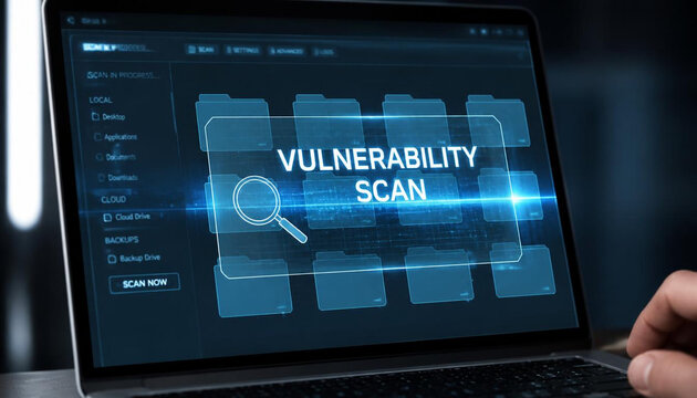 Digital security vulnerability scan interface displayed on a sleek laptop screen for modern cyber protection monitoring