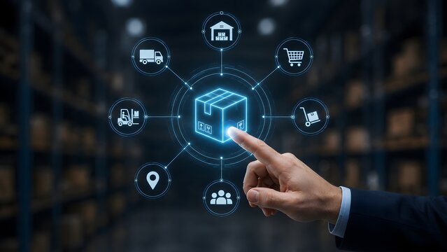 Supply chain management and logistics software interface with businessman pointing at glowing holographic box and tracking icons in warehouse.