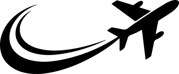 Black Airplane PNG Travel Symbol with Sweeping Curved Flight Trail Creating a Dynamic Aviation and Transportation Graphic Isolated on Transparent Background © Tayba