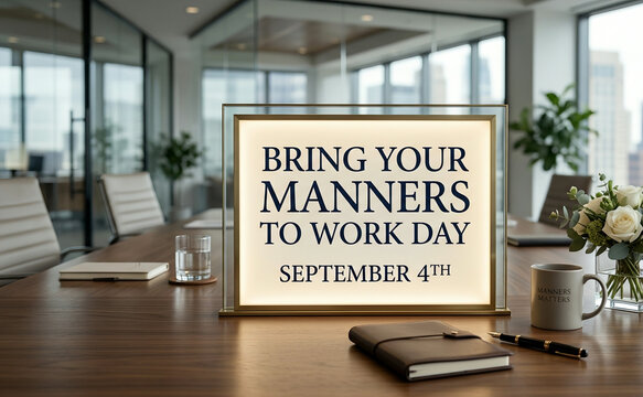Bring Your Manners to Work Day September 4th sign on an office conference table