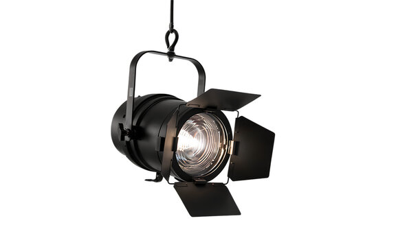 Studio Fresnel spotlight PNG isolated on transparent background, professional stage lighting equipment for film and photography, theatrical light