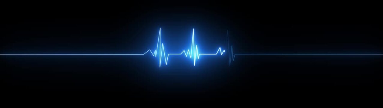 ECG heartbeat line glowing on a deep black background, with sharp pulse peaks and smooth flat segments, symbolizing heart activity, life monitoring,