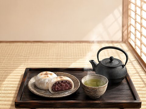 和室の畳に置いた木製盆と鉄瓶、抹茶、大福の日本茶タイム｜Japanese Tea Time with Matcha, Red Bean daihuku and Cast Iron Teapot in a Traditional Tatami Room