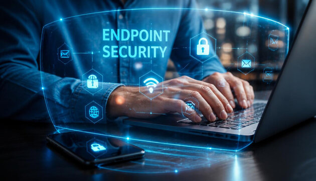Businessman typing on laptop while activating digital endpoint security shield icons in blue glowing virtual interface