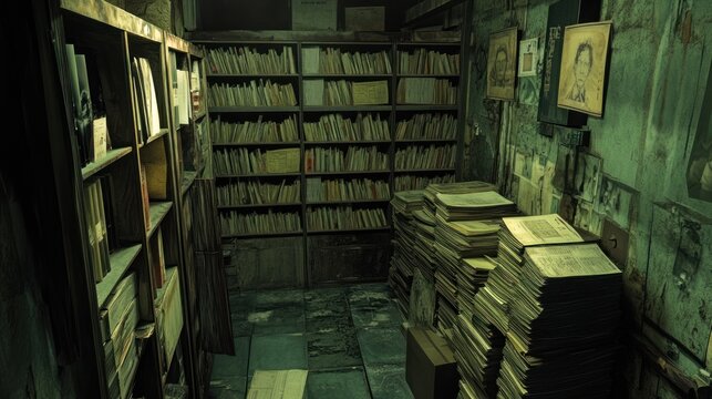 Dimly lit antique bookshop in a narrow alleyway