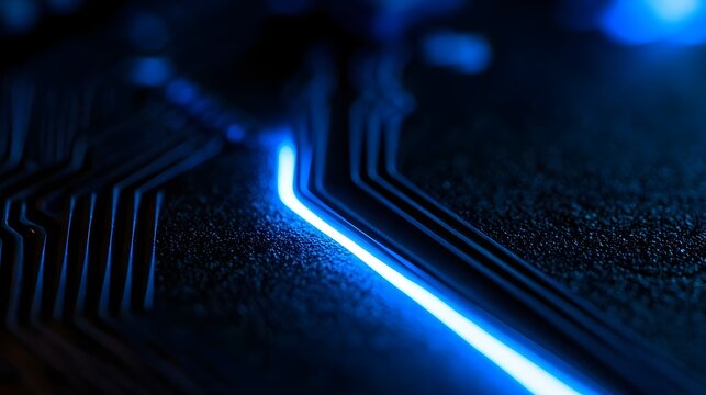 Macro shot of a neon blue circuit board trace