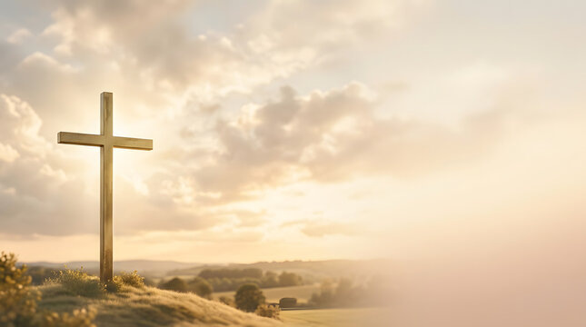 Golden Christian Cross Standing on a Serene Hilltop Against a Radiant Sunset Sky with Copy Space for Spiritual Backgrounds