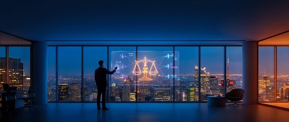 Fototapeta premium Silhouette of man standing in modern high-rise office or apartment with floor-to-ceiling windows overlooking illuminated cityscape at dusk, urban skyline with glowing buildings and lights.