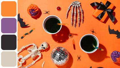 Obraz premium Halloween party flat lay with skeleton and treats