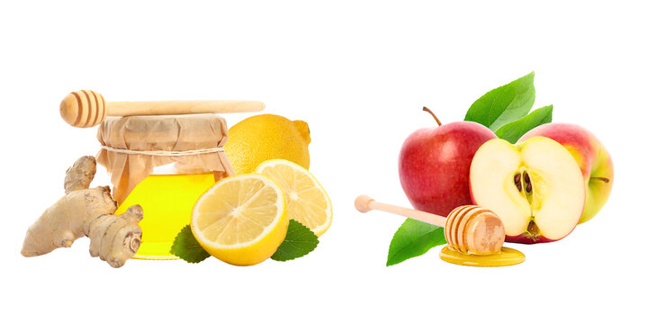 Set. Lemon, ginger, and apple arranged with honey creating a vibrant display, PNG