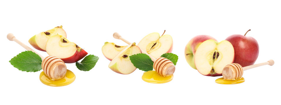 Set. Sliced fresh apples are beautifully arranged with honey and honey dipper, PNG