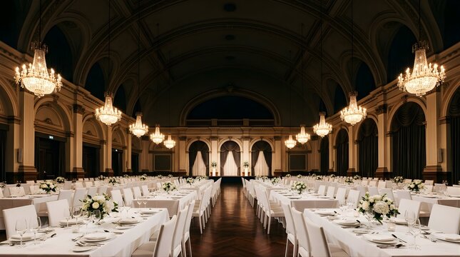 Elegant ballroom prepared for a wedding reception with glowing chandeliers