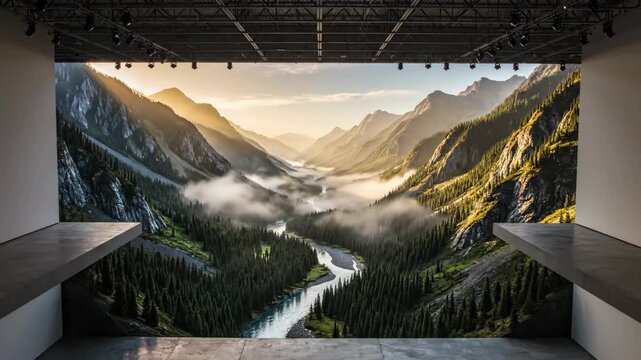 Studio stage with misty mountain backdrop and spotlights.