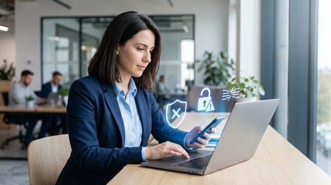 Focused businesswoman ensuring robust digital security for sensitive company data while utilizing her laptop and smartphone in a bright, collaborative office setting