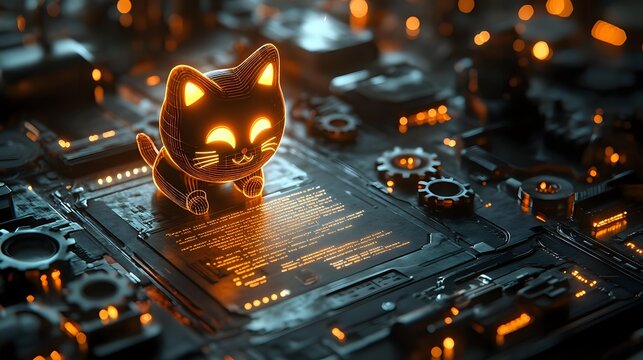 Golden lucky cat figurine glowing on computer circuit board with warm orange lights, representing technology, fortune and prosperity in digital business and innovation contexts.