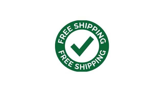 Green circle graphic with text 'FREE SHIPPING' and a checkmark, isolated on white background, motion graphics
