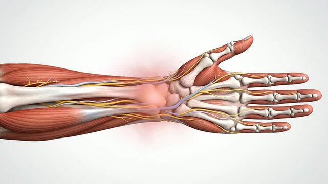 Detailed Anatomical Illustration of Human Hand Muscles, Tendons, and Veins Against Plain White Background for Medical and Educational Purposes