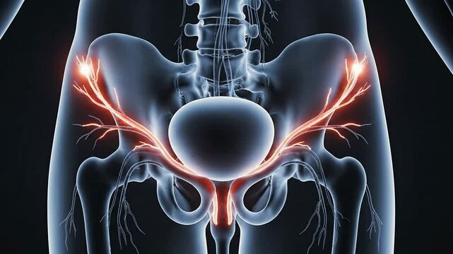 Detailed Anatomical Illustration of Human Pelvic Region Highlighting Bladder and Surrounding Nerves for Medical and Educational Use