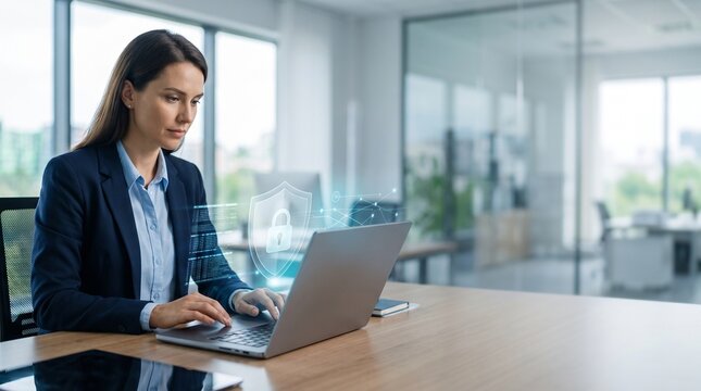 Professional businesswoman working securely on a laptop in a modern office environment with digital security icons