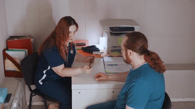 White nurse white patient in home preparing injection at desk with vial and syringe, calm interior light, sterile gloves and bandage ready, patient consent and reassurance, clinical routine delivered