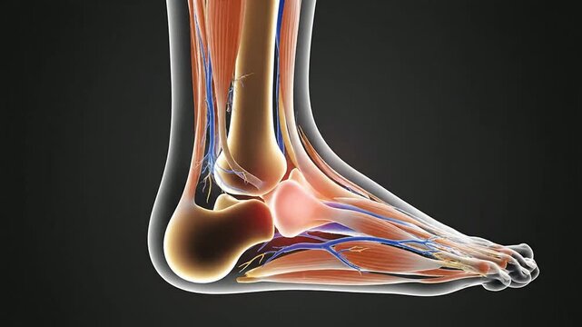 Detailed Anatomical Illustrations of Human Foot with Bones, Muscles, and Nerves against Dark Background for Medical and Educational Use