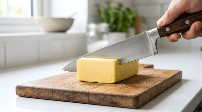 Hand cutting a block of fresh yellow butter with a steel knife in kitchen