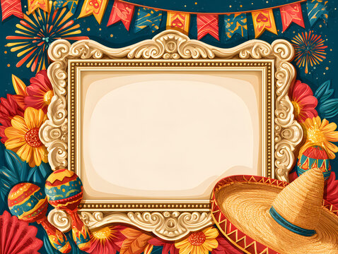 Vintage photo frame with mexican fiesta decorations flowers and sombrero hat on a dark blue background