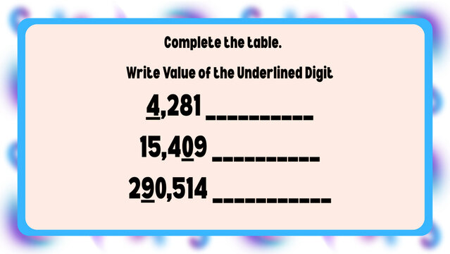 Educational math worksheet for place value, elementary school mathematics exercise, numeric table for identifying digit values
