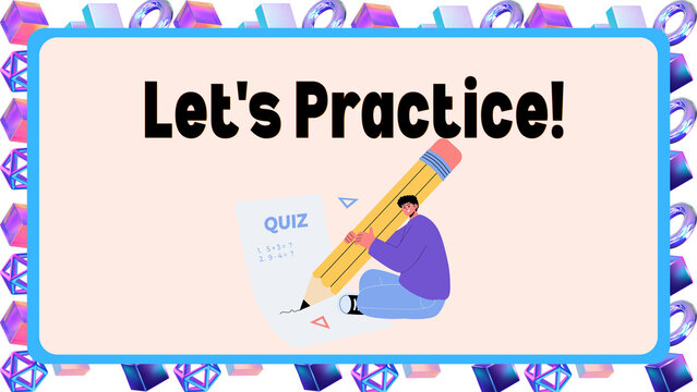 Educational practice banner with Let's Practice text, student character holding large pencil, quiz icon for school learning