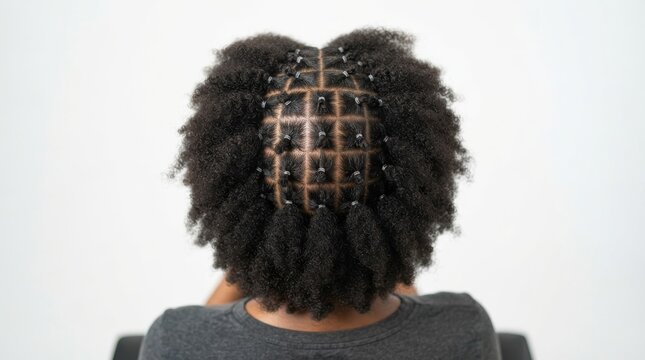 Back view of woman with intricate sectioned curly black hairstyle sectioned haircare