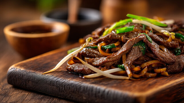 Stir-fried beef strips with bean sprouts and green onions on board, stir fry