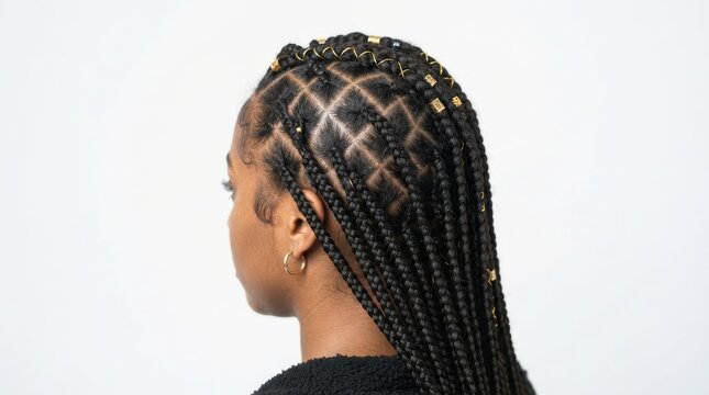 Close-up portrait of a woman with braided hairstyle showing geometric box braids and hair jewelry