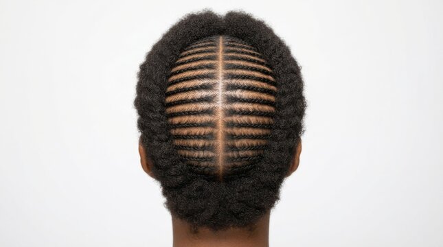 Rear view of short natural afro hairstyle with intricate cornrow braids design cornrows hairstyle