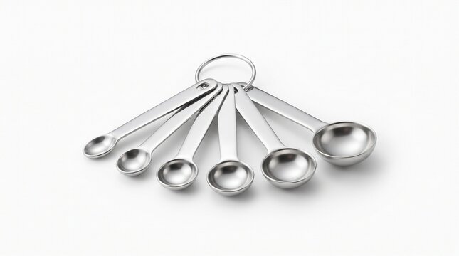 Stainless steel measuring spoons set on white background. Professional metal kitchen measuring tools for baking and cooking.