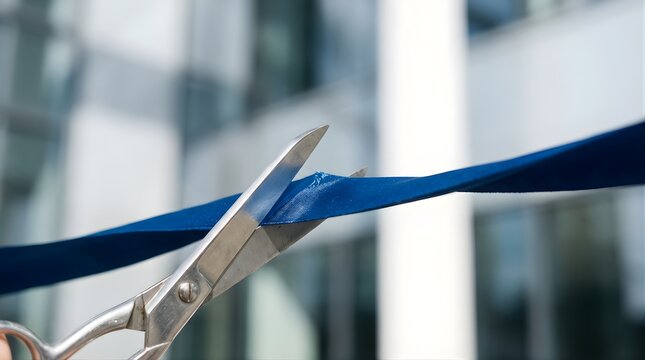 Metal scissors cutting a blue ribbon for a business grand opening ceremony