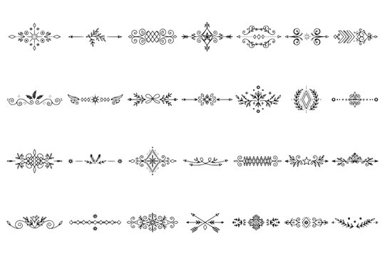 Decorative dividers, elegant line art, ornamental borders, vintage separators, whimsical designs, creative embellishments, graphic elements, black vector patterns. . Transparent SVG version.