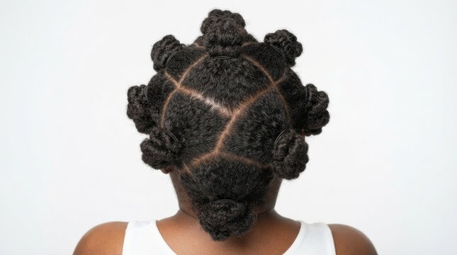 Close-up back view of african american woman with textured bantu knots hairstyle on white background