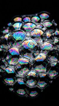 Macro shot of iridescent soap bubbles against a black background with iridescent close-up abstract