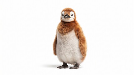 Fluffy king penguin chick with brown down feathers, cute baby penguin standing on white background, antarctic wildlife animal portrait © muhammad